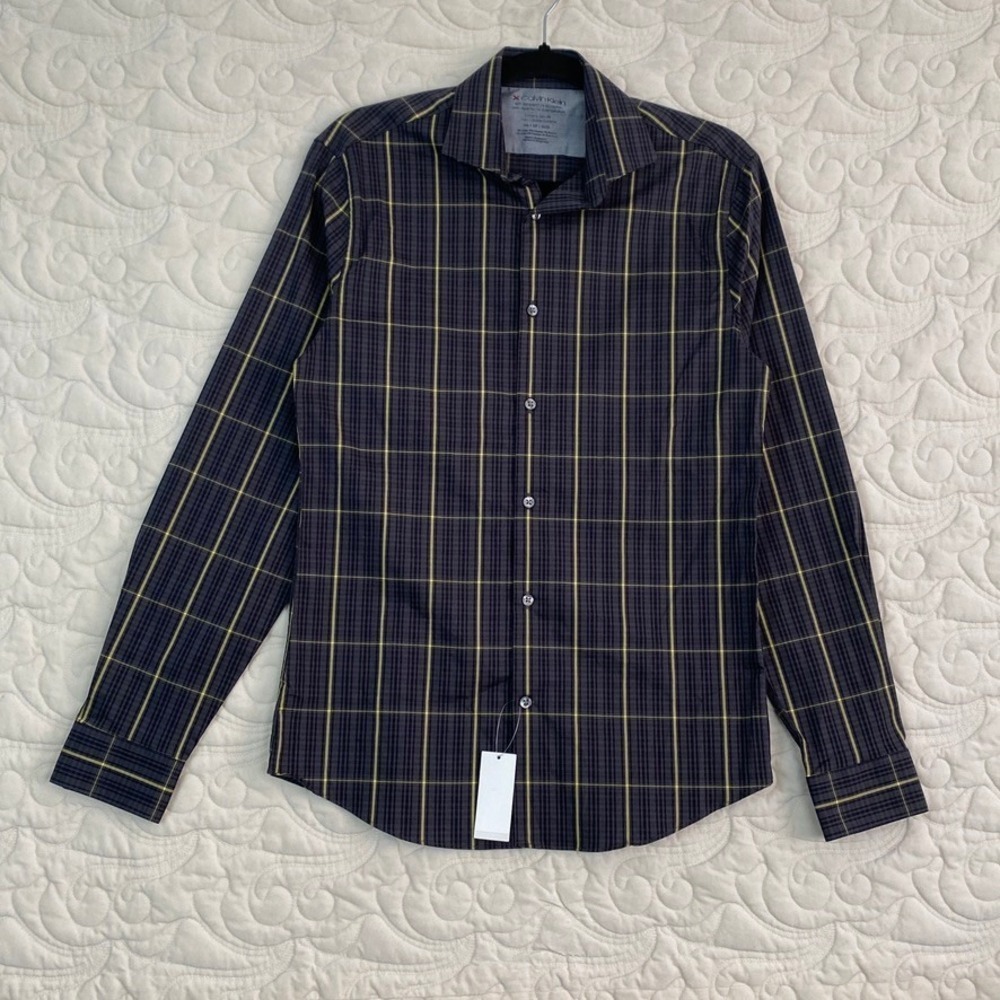 Calvin Klein Extreme Slim Fit Plaid Dress Shirt Mens 14.5 Temperature Regulation